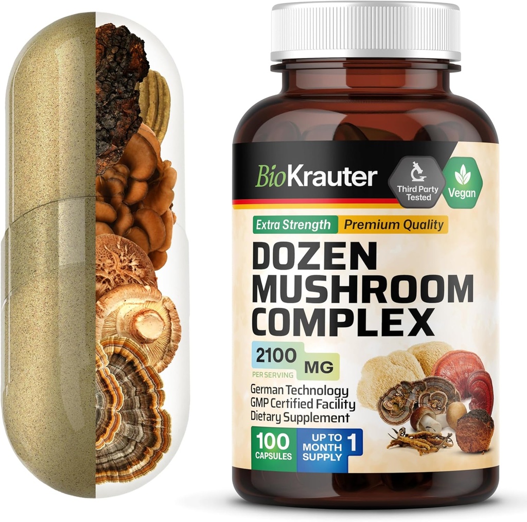 BIO KRAUTER Dozen Mushroom Complex Capsules 2100 mg Blend - 100 Vegan Caps - 12 Uutteet yhden sieni täydentää immuuni-tuki - Lions Mane, Reishi, Cordyceps