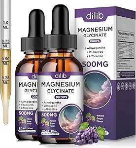 (2 pakkaus) Magnesium Glycinate Liquid Drops 500mg, jossa on B6-vitamiini, Ashwagandha, L - Theanine, Kamomilla, Magnesium Glycinate Supplement Korkea Imeytyminen unissa, stressi, Energy Mood - Rypälemaku
