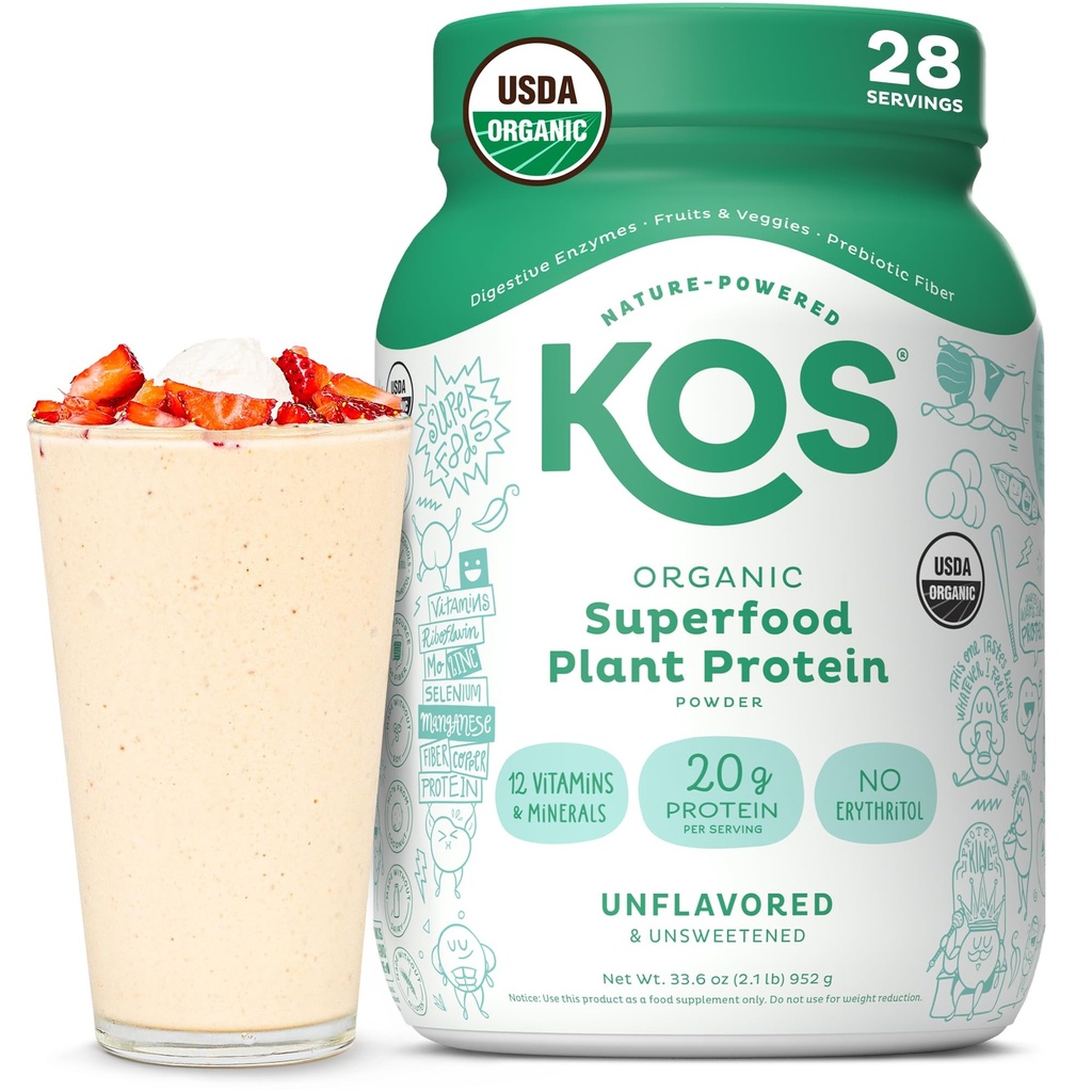 KOS Vegan Protein Powder, Unflavored & Unsweetened - Low Carb Pea Protein Blend, Organisk Superfood Rich i vitaminer och mineraler - Keto, Soja, Dairy Free - Meal Replacement för kvinnor och män - 28 portioner