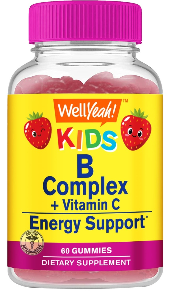 Väl Yeah B Complex Gummies för barn - med vitamin C, Niacin, Vitamin B6, Folic Acid, Vitamin B12, Biotin & Pantothenic Acid - 2 månaders leverans - Strawberry Flavor - Non GMO, Gluten Free - 60 Gummies