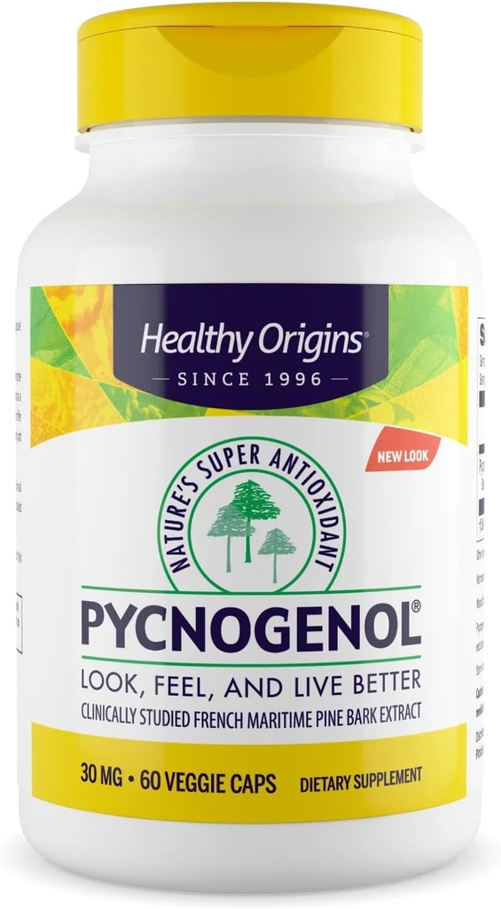 Terve alkuperä Pycnogenol 30 mg (Luonnon superantioksidantti, ei-GMO, Gluteeniton, Kardiovaskulaarinen tuki), 60 kasviskapselia