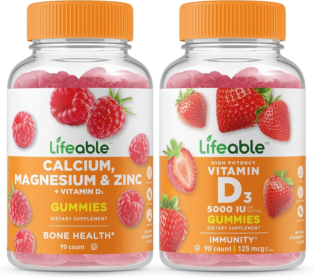 Elinkelpoinen kalsium, magnesium, sinkki ja D-vitamiini + D-vitamiini 5000 IU, Gummie Bundle - suuri kastike, vitamiinilisä, gluteeniton, GMO-vapaa, pureskeltava