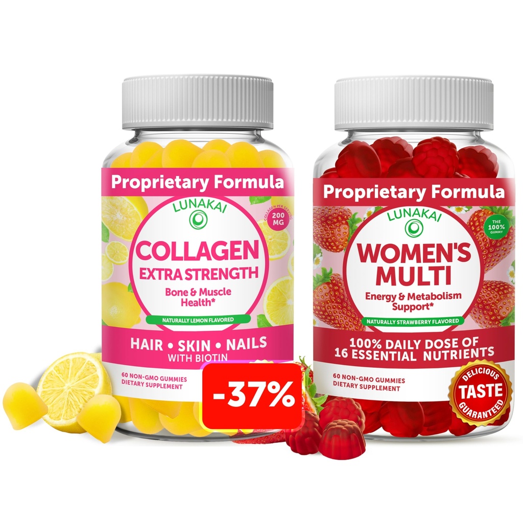 Lunakai Collagen ja naisten Multivitamiini Gummies Bundle - ei-GMO-anti-aging lisäravinteet Biotiini, sinkki, C-vitamiini ja E - 100% päivittäinen arvo 16 välttämättömiä vitamiineja ja kivennäisaineita - 30 päivää tarjonta