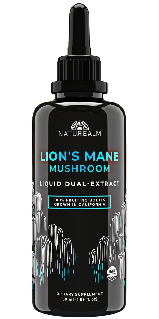 Naturealm Lion's Mane Mushroom Liquid Tincture Supplement - Fokus, minne och hjärnhälsa, Vegan, icke-GMO - Organiska fruktkroppar, 1 månads leverans