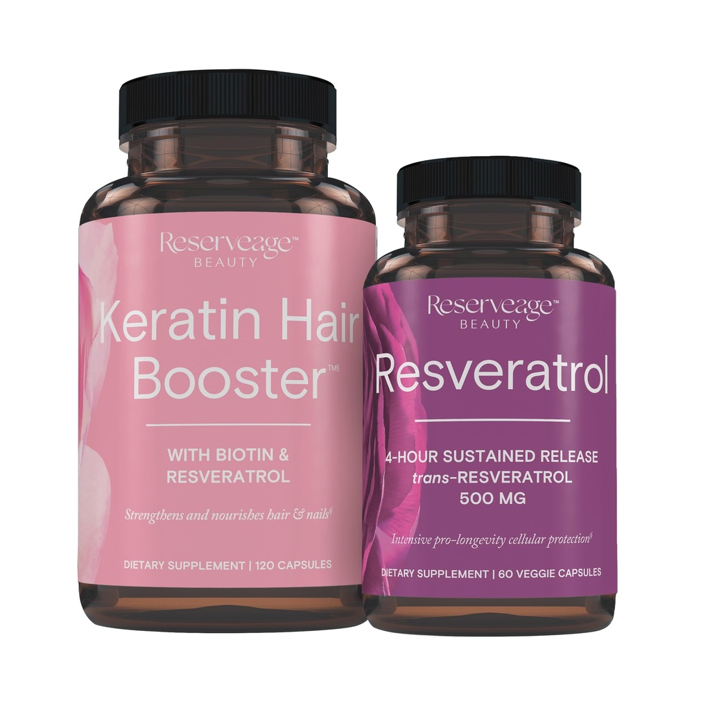 Reserv Nutrition Keratin Hair Booster med Biotin & Resveratrol, Hair and Nail Growth Supplement, 120 kapslar (60 portioner) & Resveratrol 500 mg, Stöder hälsosamt åldrande och immunsystem