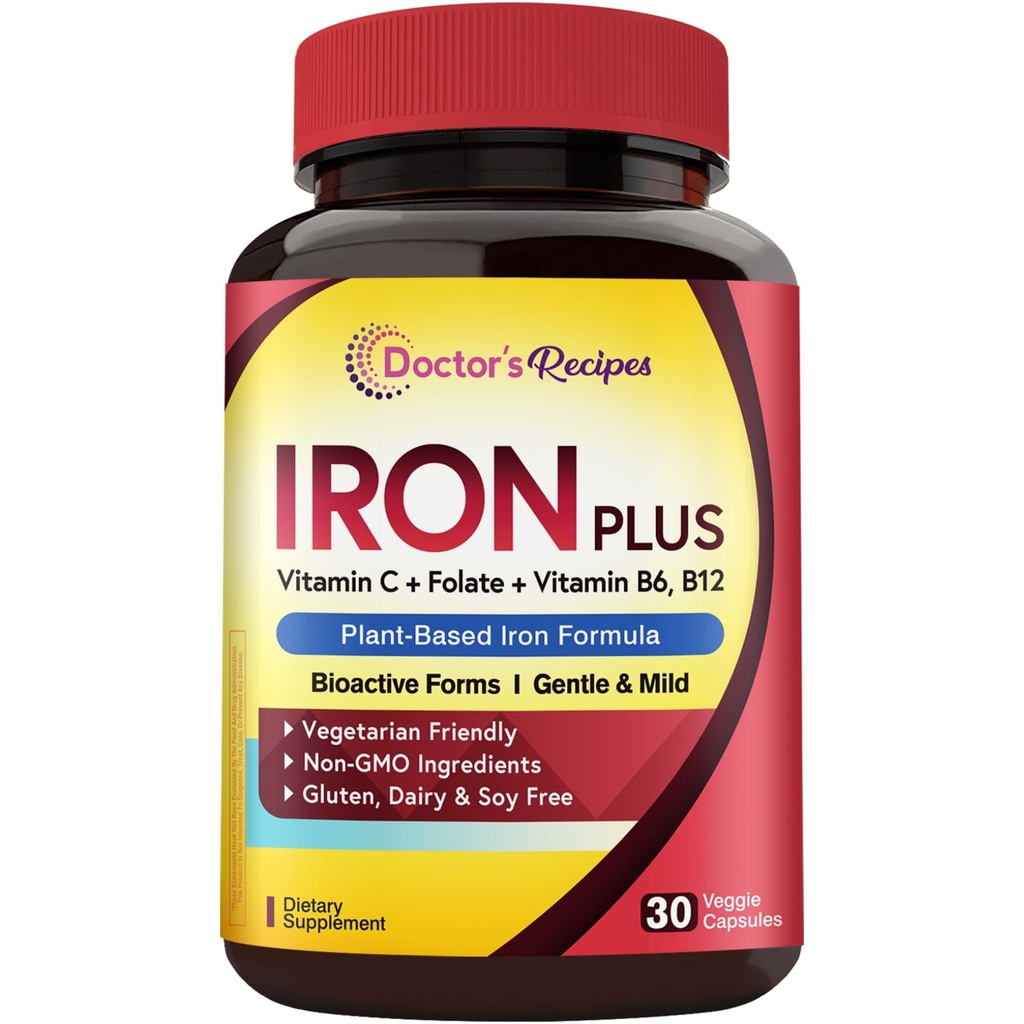 Lääkärin reseptit Iron Supplement for Women Miehet - Hellä Iron Bisglysinaatti kanssa C-vitamiini, B6, Folate & B12 - Non-Constitipating & Vatsa Friendly Iron Pills for Blood & Energy Support, 30 Vegan Caps