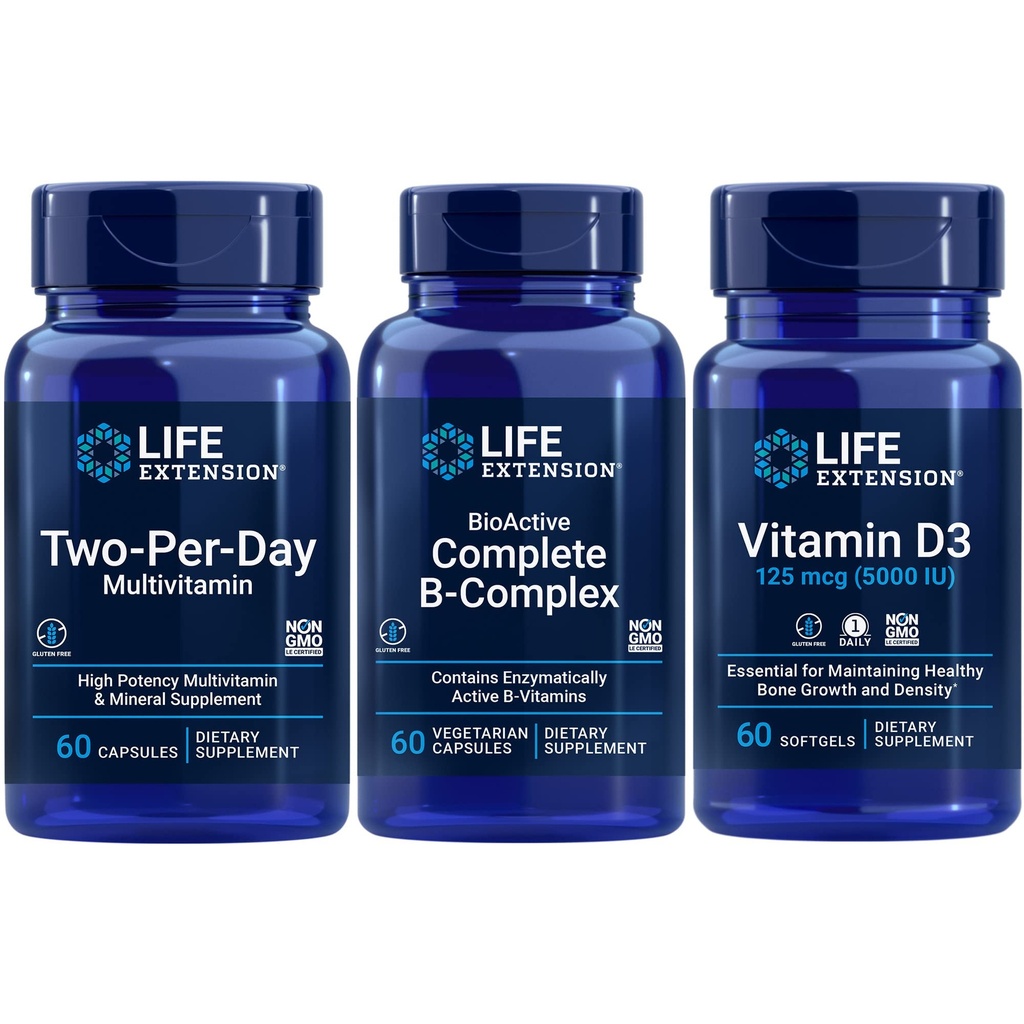 Life Extension Two- Per-Day Multivitamiini, 60 kapselia ... BioActive Complete B-Complex, 60 kapselia... D3-vitamiini 125 mikrog (5000 IU), 60 softgelia...