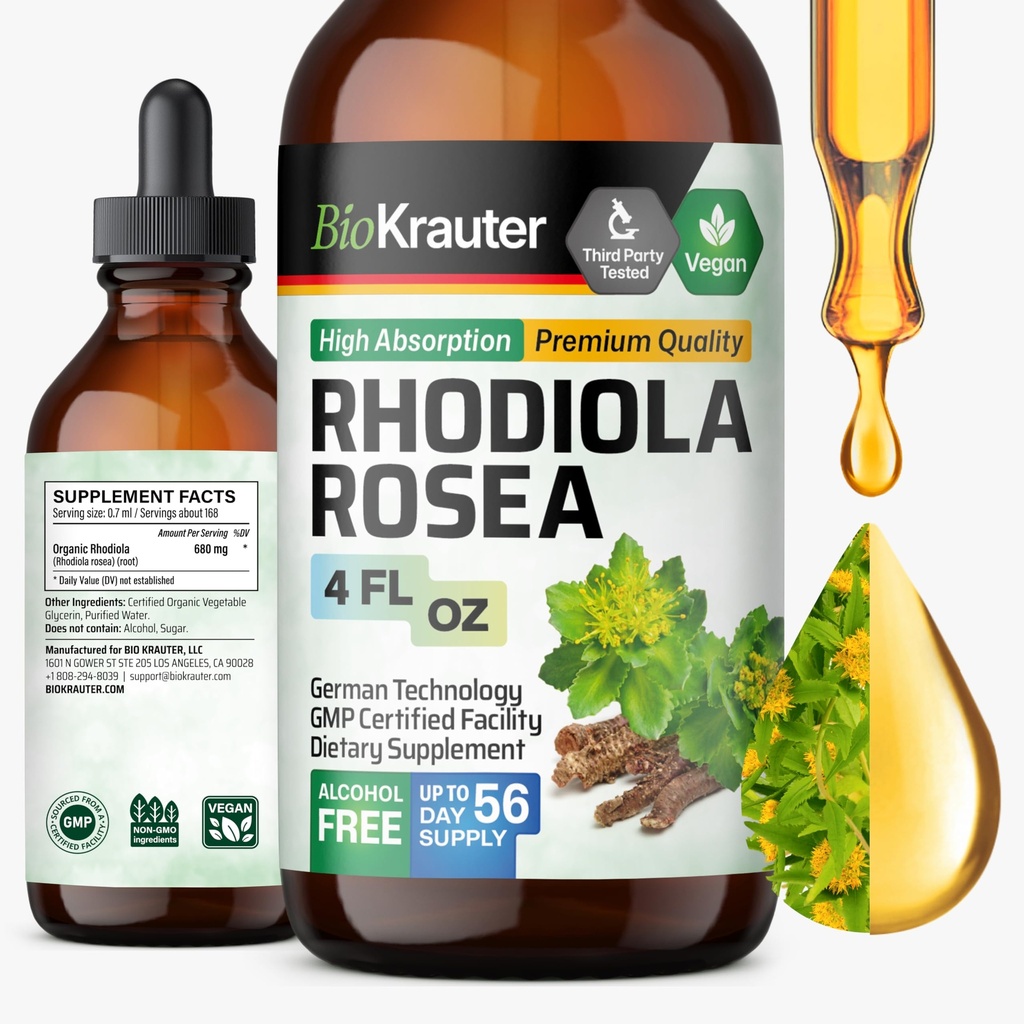 BIO KRAUTER Rhodiola Supplement Liquid - Pure Rhodiola Rosea Tincture for Calmness Support - Alkoholiton ja sokeriton uute - 4 Fl.Oz.