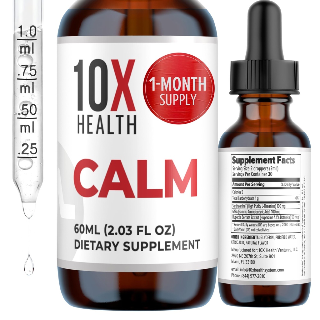 10X Health Calm L Theanine Supplement Liquid Drops - 100mg L'Theanine Drops & 100mg GABA täydentää tukea hermoja, rauhallinen ja stressi - Natural Flavor 2.03 Floz.