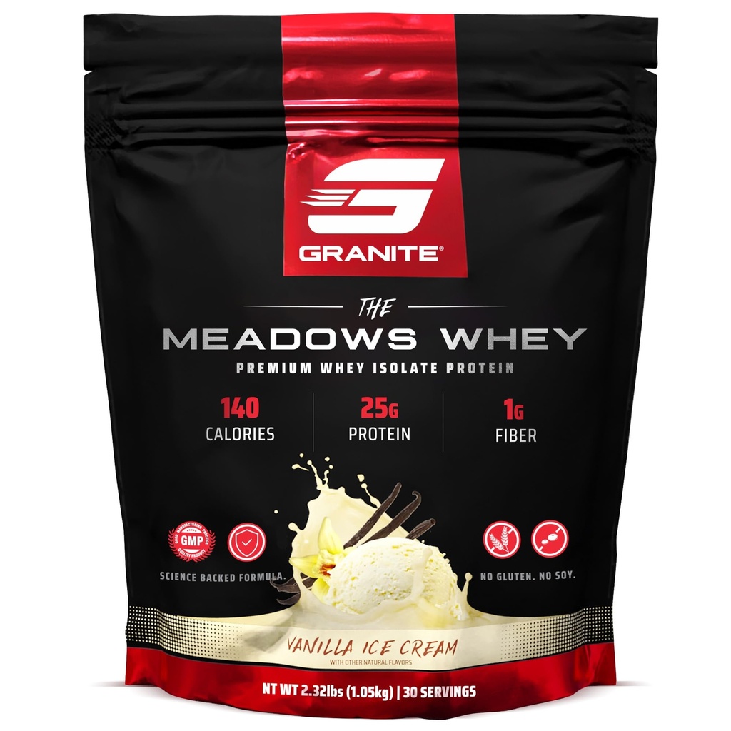 Graniitti täydentää Meadows Whey Protein Isolate Protein Powder for Lean Muscle 150 Calories, 2g kuitua, 1g sokeria (30 tarjoilua), Vanilla Ice Cream Flavor