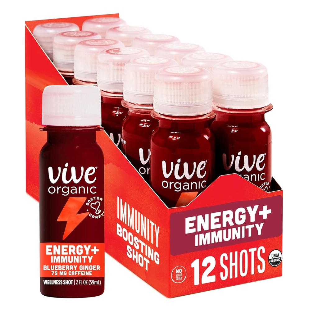 Vive Organic Energy Shot + Immune Support, Immune Defense med Ashwagandha, Green Tea & Caffeine, Gluten Free, Vegan, Energy and Focus, 2 Fl Oz (Pack av 12)