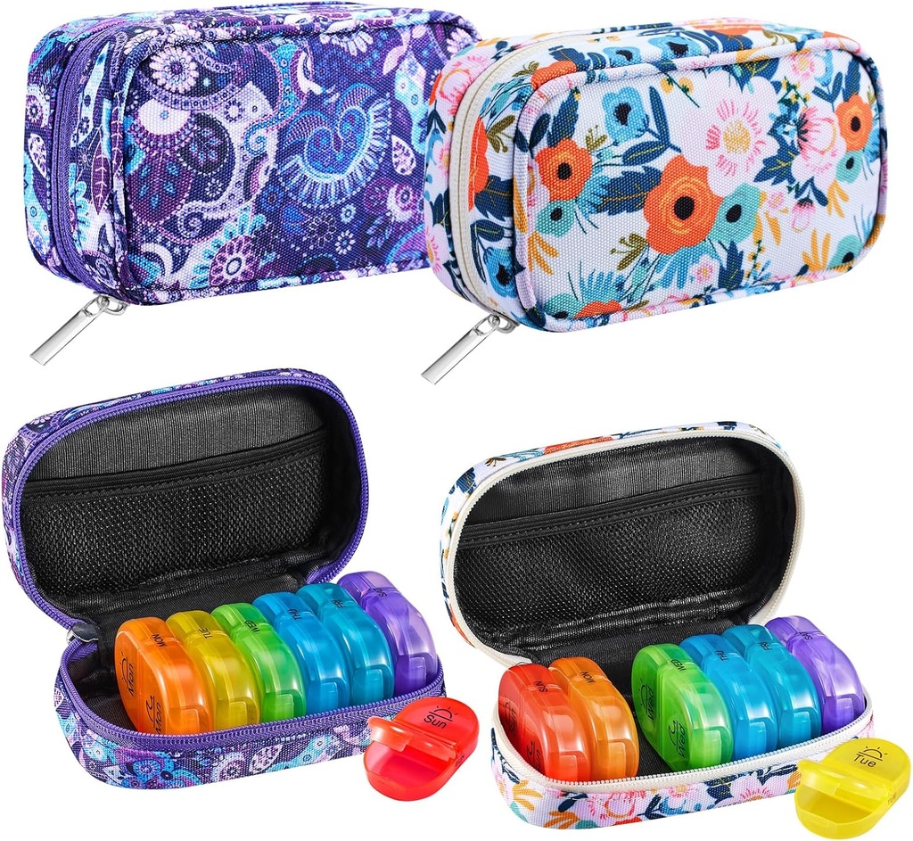 Serfeymi Weekly Travel Pill Organizer 2 Times A Day AM PM Rainbow Pill Box 7 Day med Zipper Canvas Pill Case, Medicine Organizer för piller, vitaminer, fiskoljor - lila 01 + Bloom 01