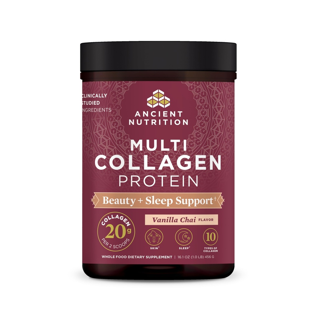 Ancient Nutrition Collagen Powder Protein, Multi Collagen Protein Beauty + Lepää C-vitamiinin, Vanilla Chai, Hydrolysed Collagen Peptides tukee ihoa ja kynsiä, nukkua, 16.1oz