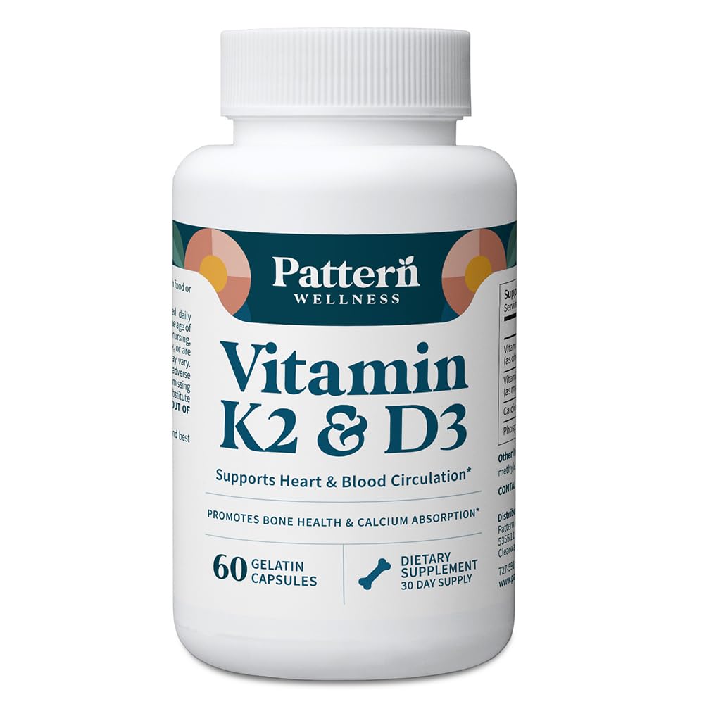 Pattern Wellness Vitamin K2 & D3 Supplement med Calcium - Benhälsa, Cirkulatorisk Wellness & Immune Support - Icke-GMO - 60 kapslar