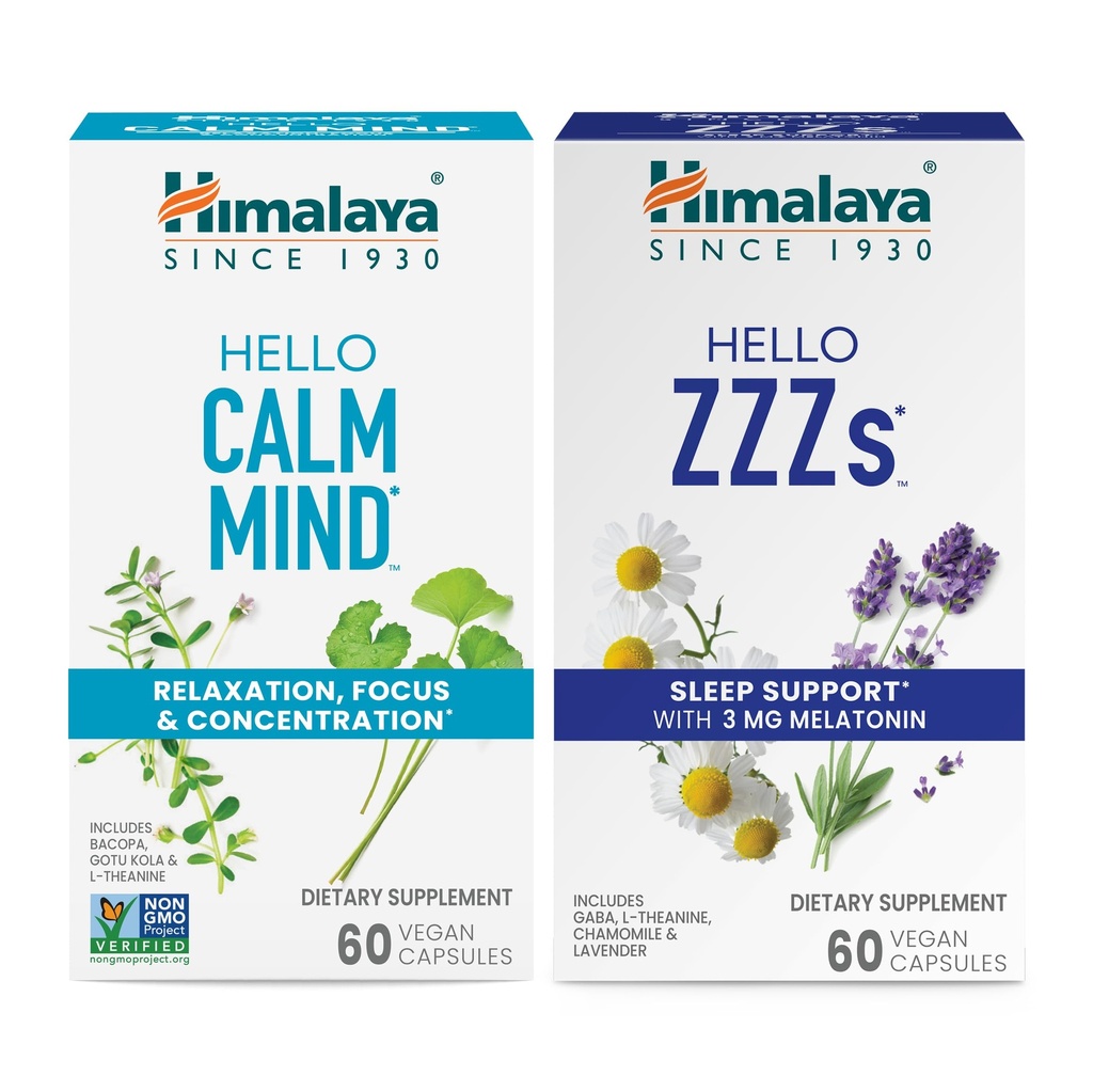 Himalaya Hei Calm Mind Bacopa rentoutumista, Focus ja keskittyminen & Hei ZZZs Melatonin uni tukea, 60 kapselia Jokainen - Bundle
