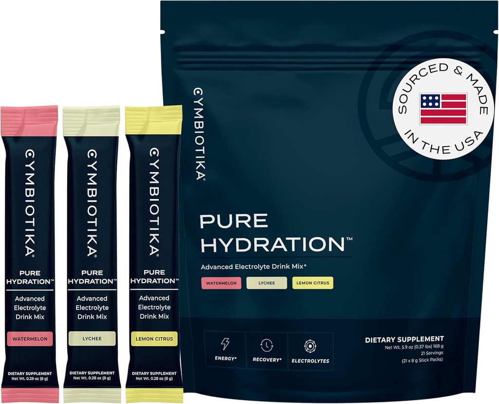 CYMBIOTIKA Pure Hydraation Elektrolyytit Powder Drink Mix C-vitamiinin ja magnesiumin kanssa, Keto Friendly Electrolyte Hydration Packetit, Variety Pack, Sitruuna, Lychee & Watermelon, 7 Each, 21 Stic Packets