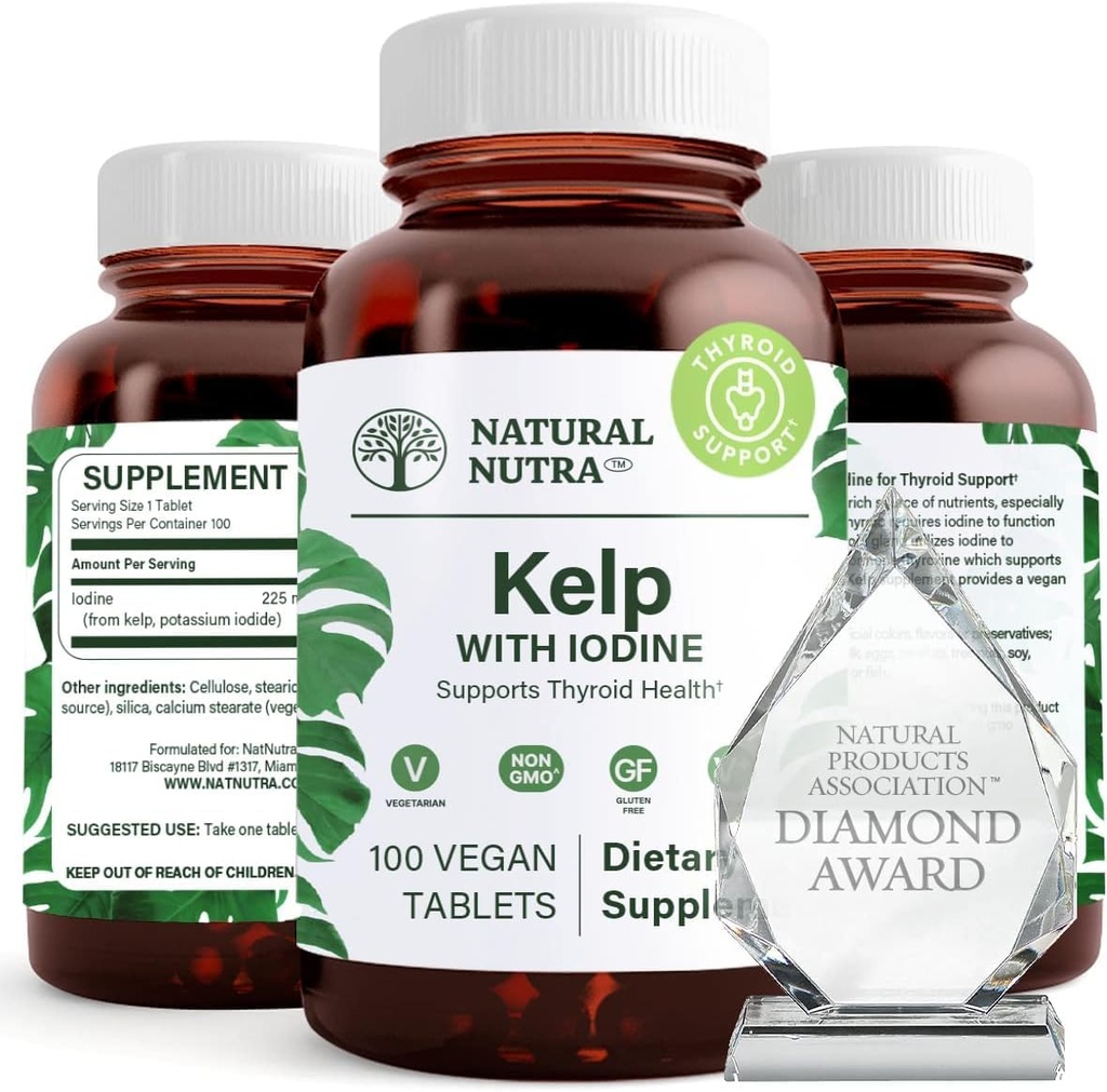 Natural Nutra Kelp Jodi Kilpirauhasen tuki täydentää, vahvistaa immuunijärjestelmää, ja Regulates Metabolia, Vegan Sea Kelp, Non GMO, Atlantic Sourced Seaweed Extract, 225 mikrog, 100 tablettia