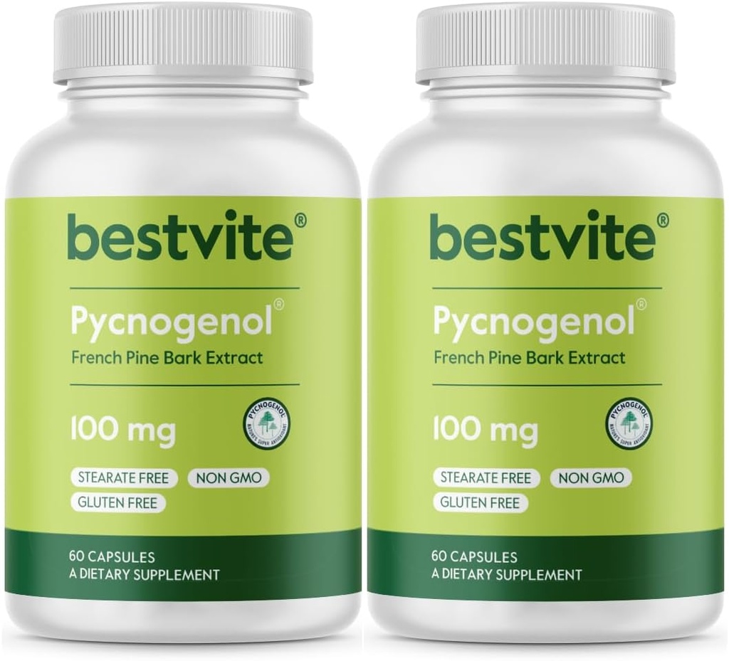 BESTVITE Pycnogenol 100mg (120 kapselia) (60x2) - French Maritime Pine Bark Extract - No Stearates - Gluteeniton - Ei muuntogeenisiä organismeja