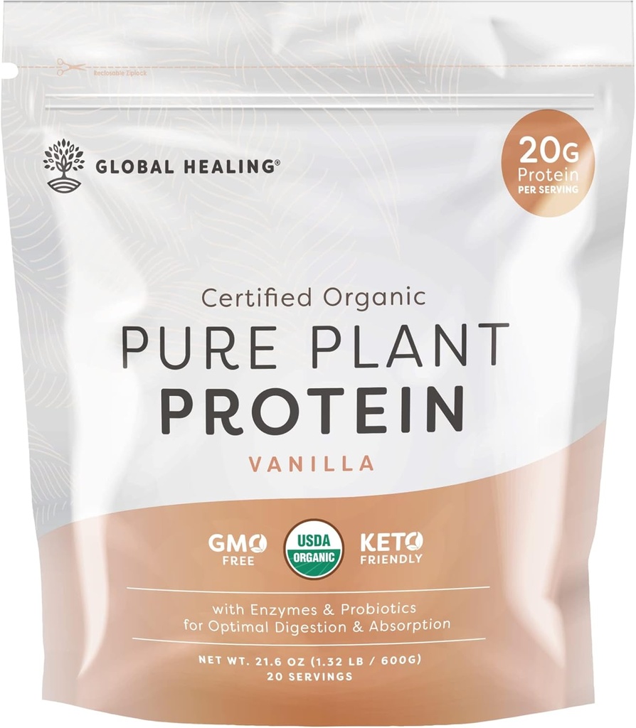 Global Healing Vegan Vanilla, växtbaserad proteinpulver för kvinnor och män, organisk, måltidsersättning (20 portioner, 20 g protein)