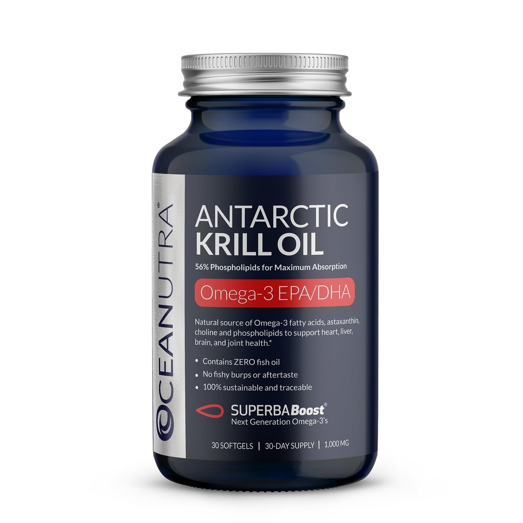 100% Pure Krill Oil 1000mg, Omega 3, korkein pitoisuus 56% Fosfolipidejä, koliinia ja astaksantiinia, kestävä Etelämanner SuperbaBoost, DHA, EPA, sydän, aivot, silmät ja ihonhoito, ei kalaöljyä