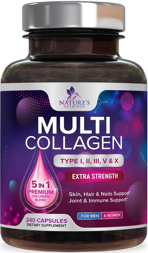 Multi Collagen Supplement 2400 mg - tyypit I, II, III, V & X Multi Collagen Peptides pillerit naisille ja miehille, hydrolysoitu kollageeni täydentää, hiukset, iho, kynsi, & Joint Support Supplement - 240 kapselia