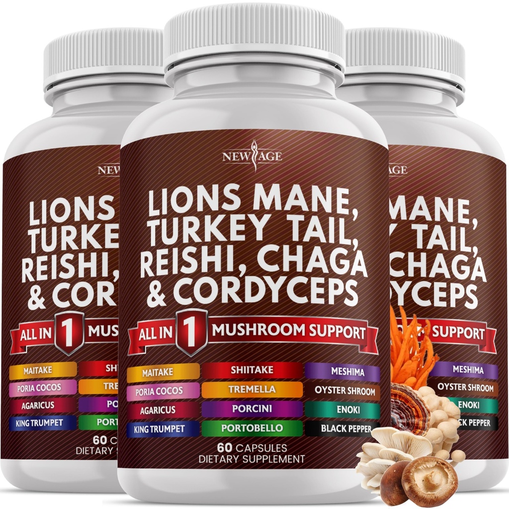NEW AGE Lions Mane Sientä täydentää Turkin häntä Reishi Cordyceps Chaga vaahtokarkki juuri 180 kreivi
