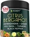 6in1 Citrus Bergamot täydennysosa Ashwagandha, Pyhä Basil, Turmeeri & inkivääri juuri - Terve ikääntyminen, Immuuni & rentoutuminen - 120 vegan kapselit