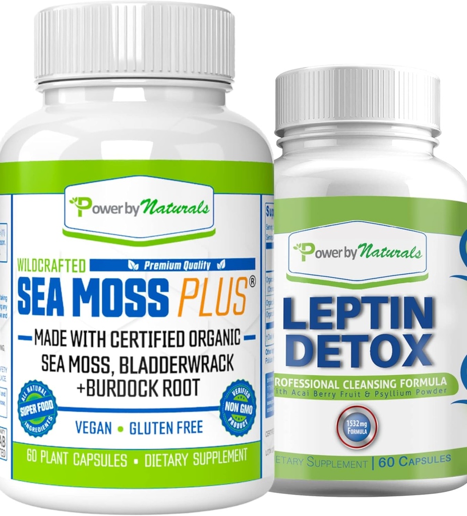 Power by Naturals: Organic Sea Moss ja Leptin Detox Bundle - 60 Vegan Kapselit Jokainen - Plant-Baseed, Gluteeniton täydentää immuuniparannus ja luonnollinen puhdistus