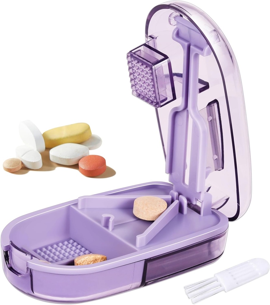 Pill Cutter Splitter pienille ja pienille pillereille, tai suurille pillereille. V-muotoinen muotoilu useita kokoja. Safety Blade Guard. Loss-Proof sisäänrakennettu pieni harja & liukuva ovi pilleri säilytys (purppura)