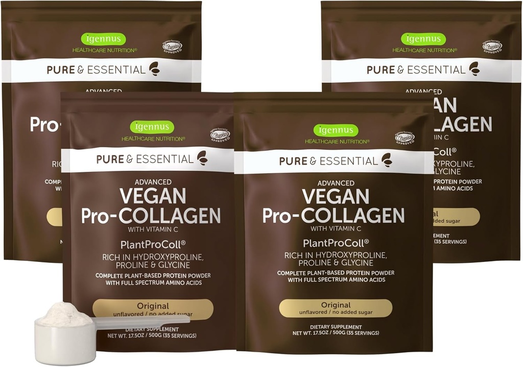 Igennus Vegan Peptide Powder, paranneltu Glysiinillä, Proliinilla & Hydroksiproliinilla & Cofactor C-vitamiinilla, ei-muuntogeenisella organismilla, täydellisen kasvissyöjäkasvin Collagen Powder Booster, 4 x 35