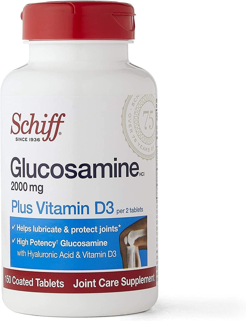 Schiff Glukosamiini D3-vitamiinin ja hyaluronihapon kanssa, 2000 mg Glukosamiinia, Joint Care Supplement auttaa voitelemaan ja suojaamaan niveliä*, 150 Luku (Pakkaus 2)