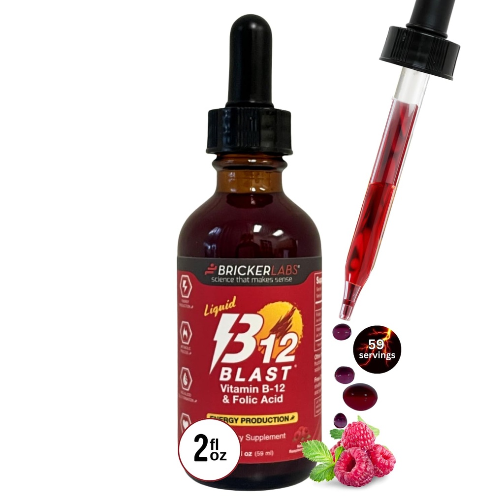 Bricker Labs B-12 Blast Liquid Vitamin B12 och Folic Acid Supplement, Support Energy Production, Great Tasting Liquid Vitamin B12 Dietary Supplement i Natural Raspberry Flavor, 2 fl oz Bottle