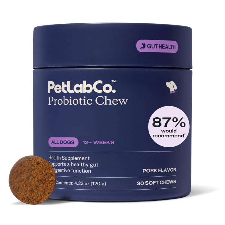 PetLab Co. Probiootit koirille, Tuki Gut Health, Satunnainen ripuli, Ruoansulatuskanavan allergiat - Pork Flavor - 30 pehmeät purukumia - Pakkaus Toukokuu Vary