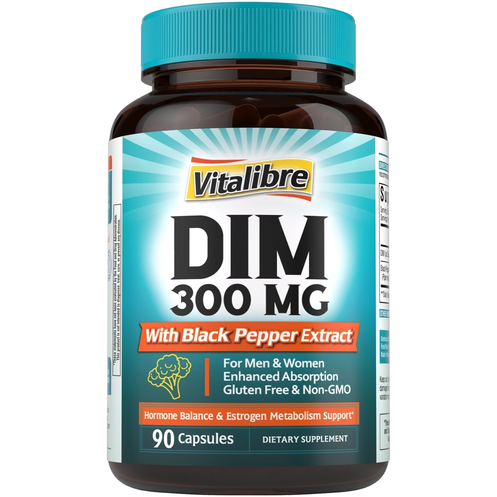 DIM-lisäaine naisille ja miehille, esterogeeninen aineenvaihdunta, hormonitasapaino & menopaussit tuki, DIM 300 mg mustapippuriuute, suuri imeytyminen, 90 kapselia