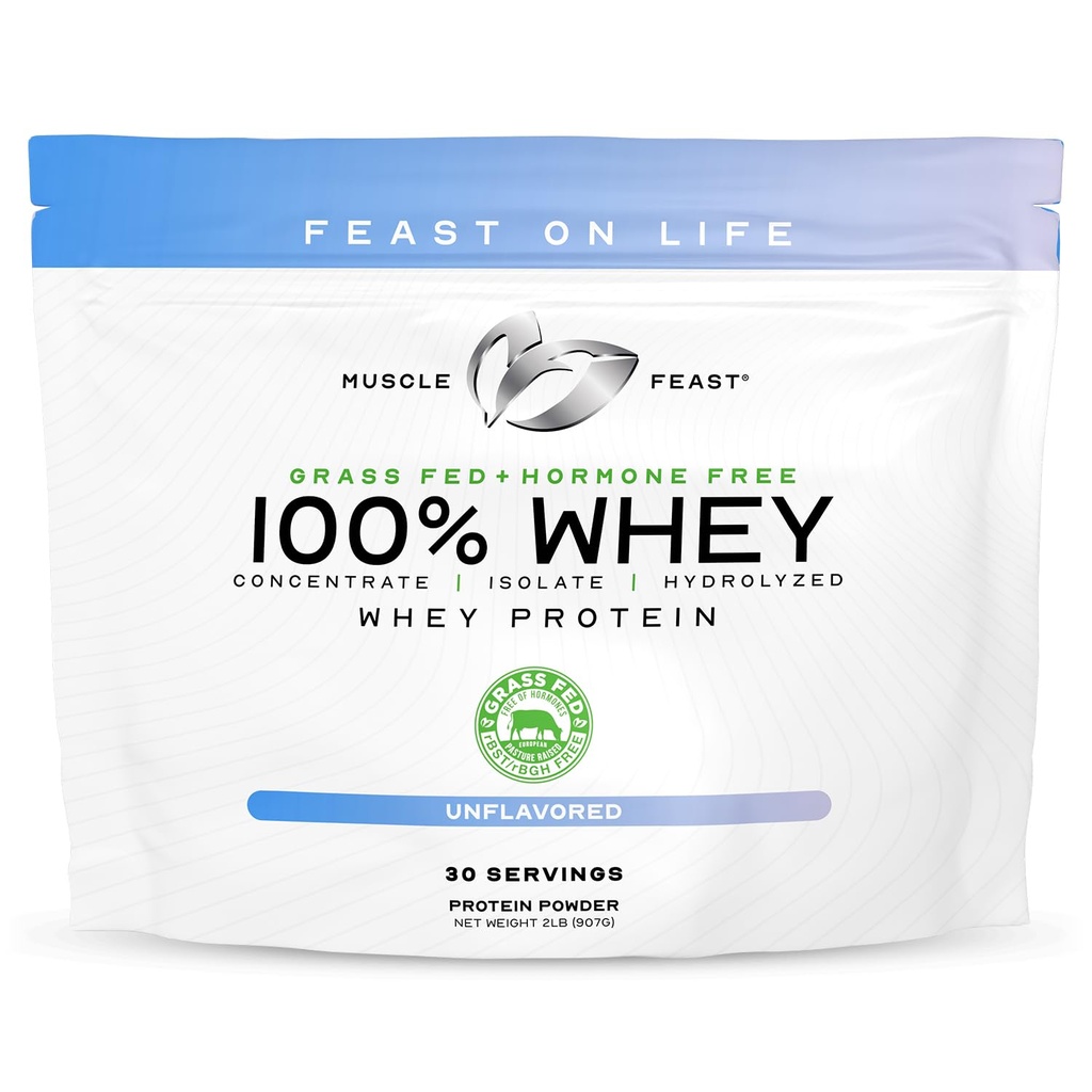 Muscle Feast 100% Grass Fed Whey Protein Powder, Kaikki luonnolliset hormonit Free Paure Raised Whey Protein Powder for Women & Men- Whey Concentrate, Isolaatti & Hydrolysed Protein Powder Blend- Unmauged, 2lb
