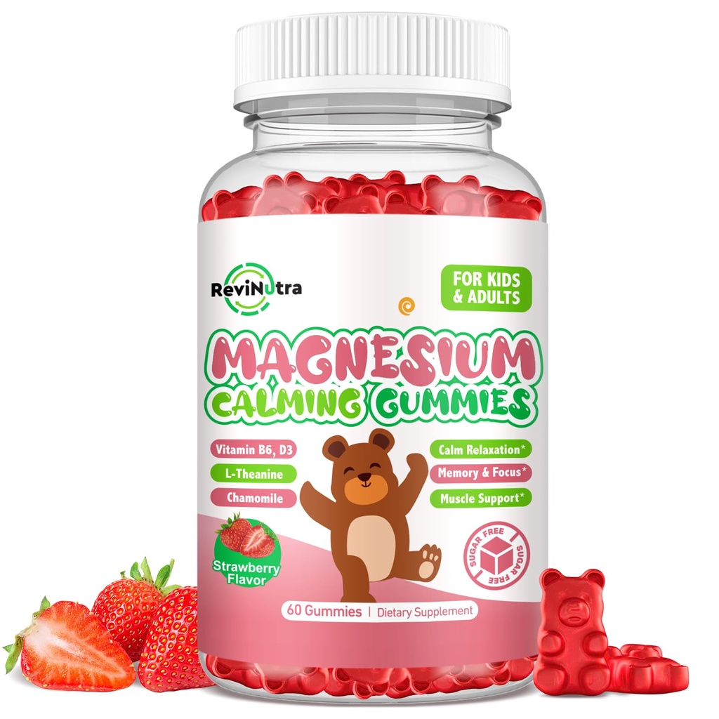 Magnesium Gummies för barn - Magnesium Glycinate Gummies Supplement med L-Theanine, Vitamin B6, D3 för barn och vuxna sova, lugn, avkoppling, hjärna, ben, sockerfri jordgubb 60ct