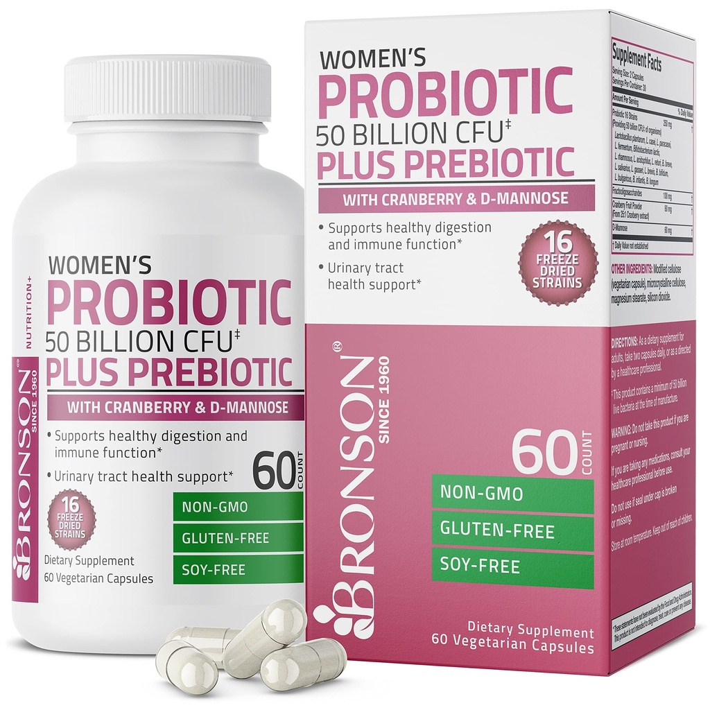 Bronson Women's Probiootti 50 miljardia PMY + Prebiootti karpalon ja D-Mannoosin kanssa