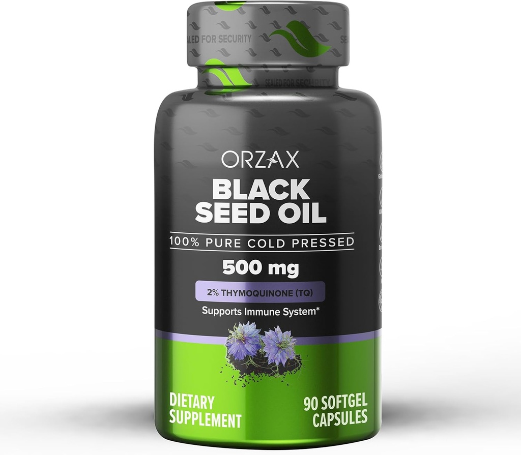 ORZAX Musta siemenöljy Kylmäpuristettu 100% Pure ... Ei-GMO - Rikas Omega 3 6 9 & Thymokinoni ... Musta Cumin Nigella Sativa Oil immuuni- tuki, hiukset, iho, kasvot (500 mg - 90 Softgel kapselit)