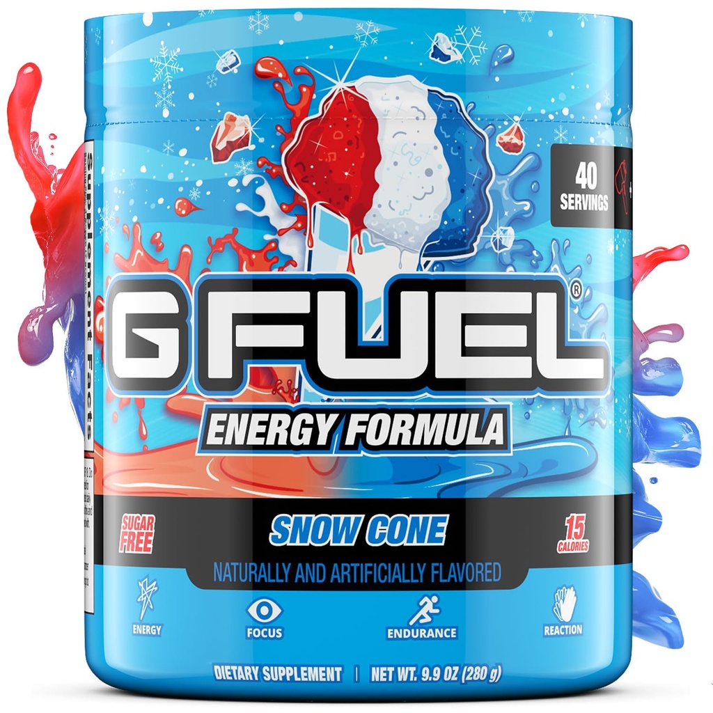 G Fuel Snow Cone Energy Drink Powder, Pre workout kofeiini Mix Gaming, Sugar Free Focus Amino, vitamiini + antioksidantteja, 9,9oz (Snow Cone, 40 tarjoilua)