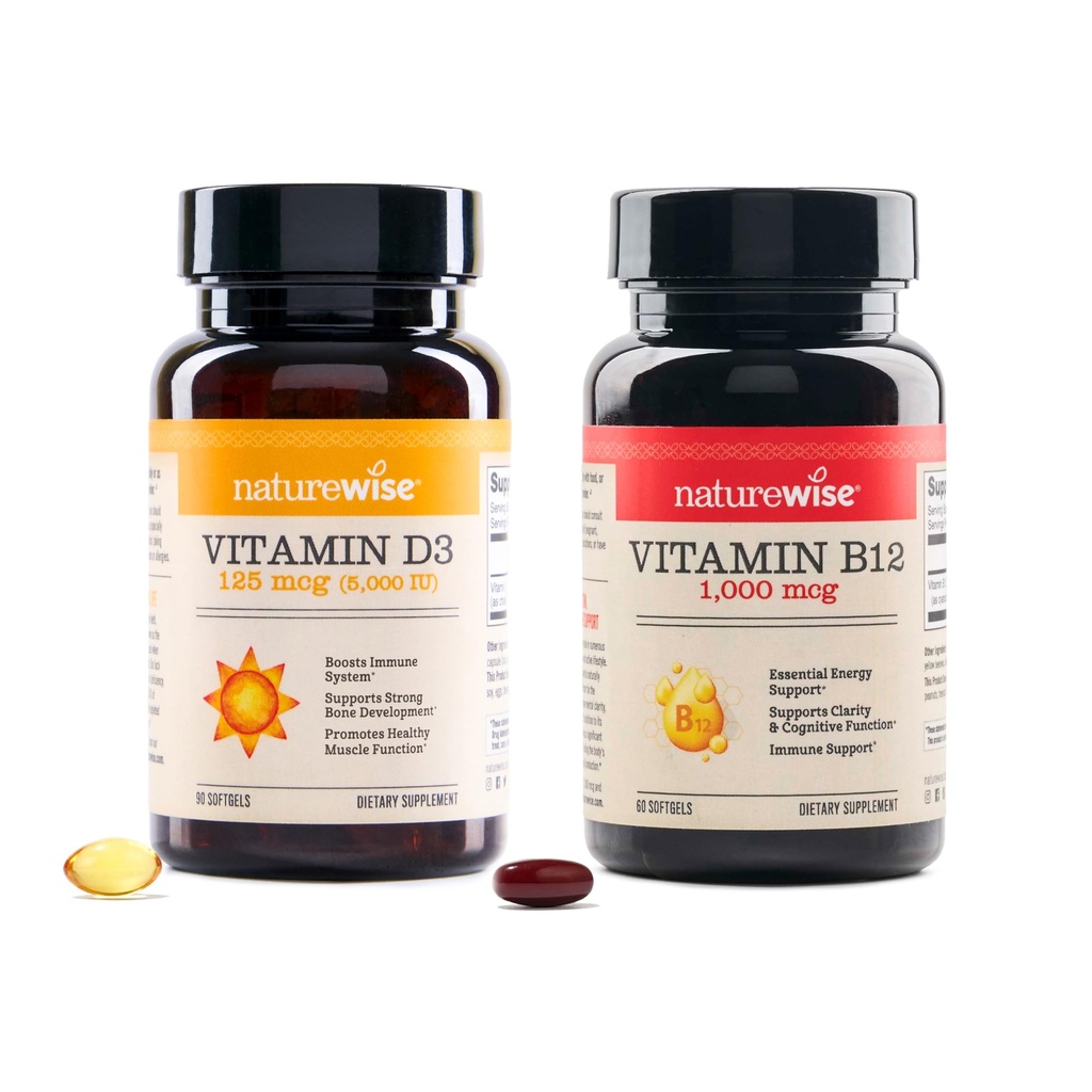 NatureWise-vitamiini D3 5000iu, B12 1000 mcg Mielen selvyyden energiatuki Immuuniterveys Ei-GMO Gluteeniton Oliiviöljy Softgels