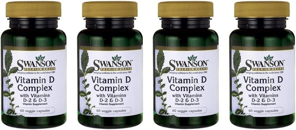 Swanson-vitamiini D Complex vitamiineja D2 & D3 - Täydellinen auringonpaiste vitamiini Complex luun, hammas- ja immuuniterveyden - vitamiini täydentää (50 mikrog, 60 kasviskapselit) 4 pakkaus