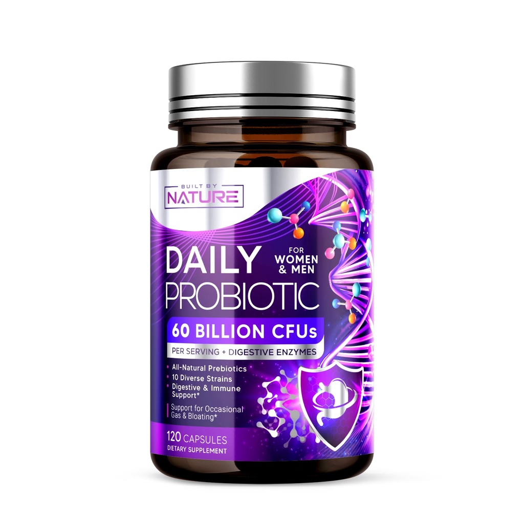 Byggd av naturprobiotiska för kvinnor och män - 60 miljarder CFU, 10 stammar + Prebiotika & Digestive Enzymes - Stöder Digestive, Immune, Reduce Gas & Bloating - Shelf Stable, Non-GMO - 120 kapslar