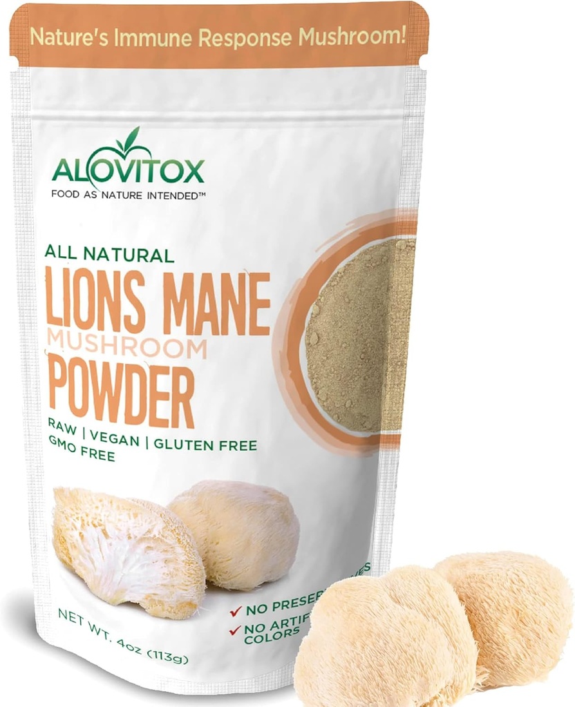 Alovitox Organic Lion Mane Mushroom Powder | Naturlig Superfood för hjärna, energi och immunhälsa, ger Neural Support, GI-skydd, kardiovaskulära fördelar | Icke-GMO, Vegan, Gluten-Free | 4 oz