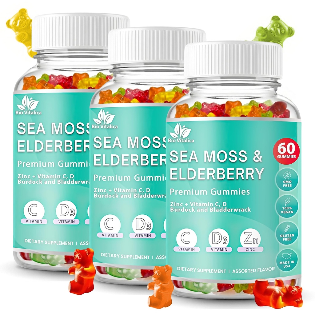 BIO VITALICA Sea Moss Gummies Elderberry BioVitalica - Vitamin C D + Zink - Irländska Seamoss Vegan Gummy med Sea Moss Gel & Powder för immunitet, Detox - för vuxna och barn (3 Packs)