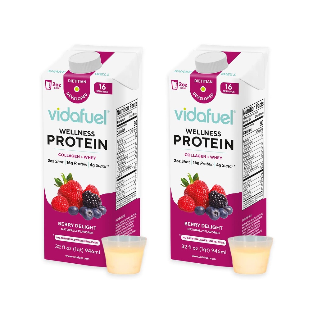 Vidafuel Wellness Protein Drink, 16g Protein per 2oz Shot, 32 fl oz Kotelo, 2 pakkaus, Berry, Collagen ja Whey Drink, Ei keinotekoisia makeuttajia