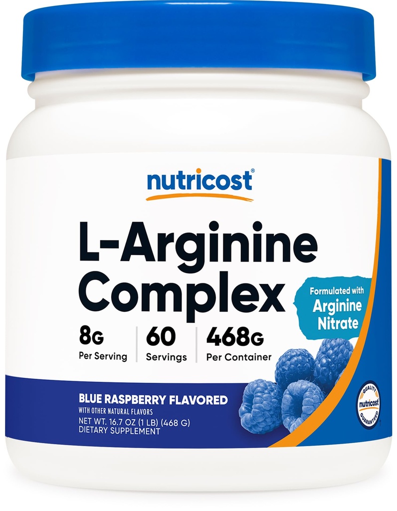 Nutricost L-arginiini Complex (sininen vadelma, 60 tarjoilua) - Gluteeniton, ei-GMO
