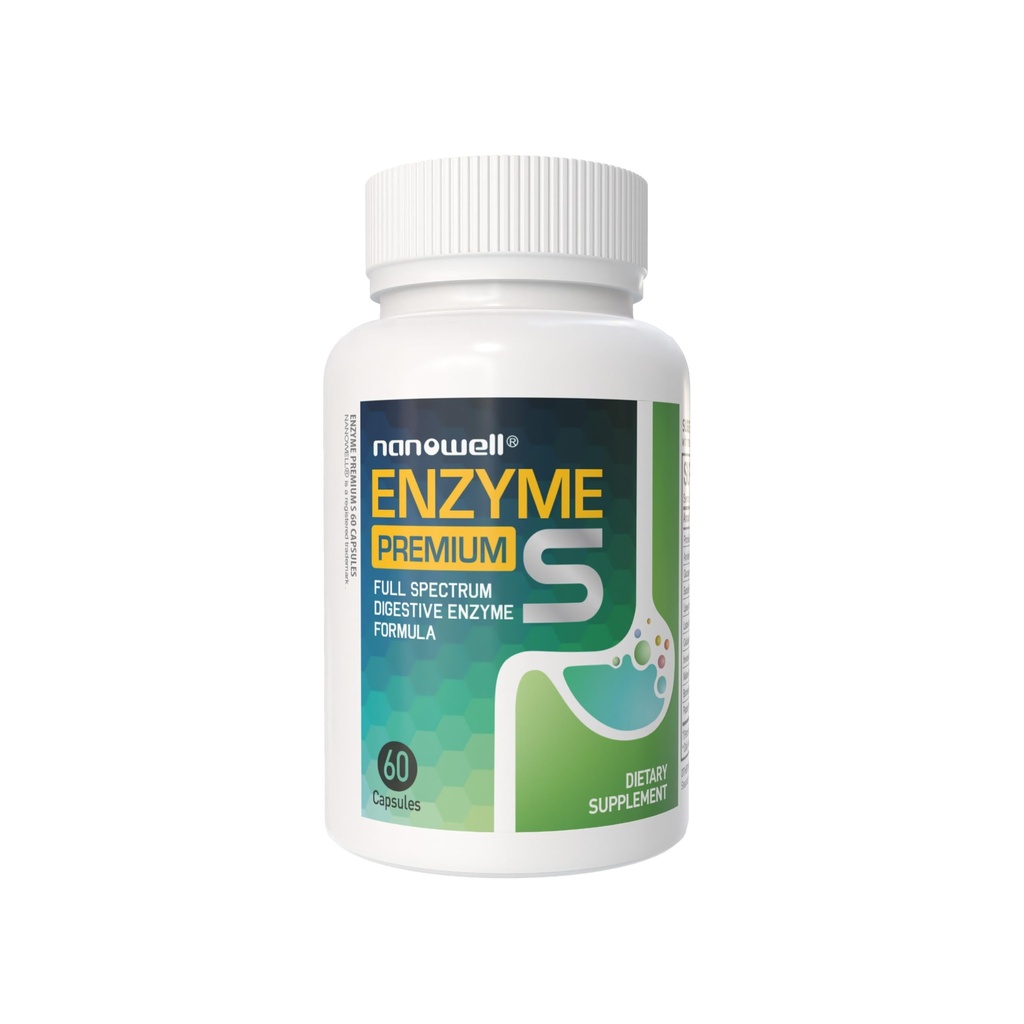 NANOWELL Enzyme Premium S - Dgestive Health Multi- Enzyme-lisäaine 10 entsyymin kanssa, mukaan lukien bromeliini ja Papaiini - 60 kapselia, 60 päivän toimitus