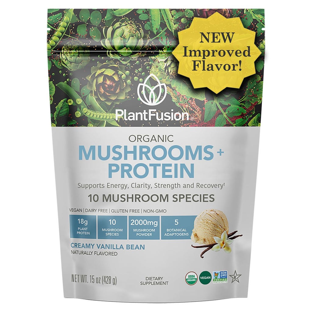 Plantfusion Mushroom Protein Powder - 3 i 1 Vegan Protein Powder, Mushroom Supplement och Adaptogen Supplement - Support Mental Focus, Immunity och Recovery - Vanilla 1lb