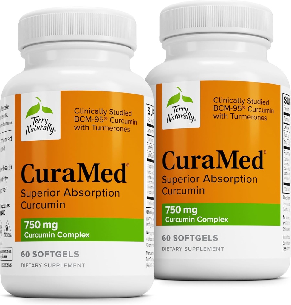 Terry Naturligt CuraMed 750mg - Antioxidant Supplement för hjärn- och hjärthälsa - Tillägg med hög styrka Curcumin Complex - Njure, Lever & Immune Health Support - 60 Softgels (Pack of 2)