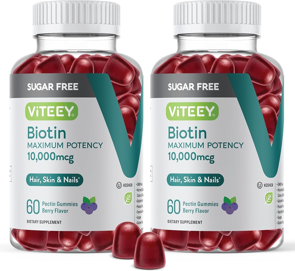 Vitey Biotin Gummies hiukset, iho, ja kynnet 10 000 mcg - Sokeriton - hiusten kasvu Gumies, terve iho hehku, vahva terveet kynnet kasvu - Vegan, gluteeniton, liivate vapaa - maukas Berry Flavor
